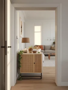 A small apartment living room photographed from the front door perspective