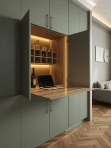 A small apartment living room wall featuring a fold-down desk cabinet