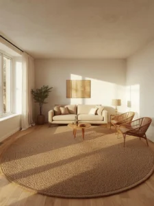 A small apartment living room with a large oversized natural jute rug