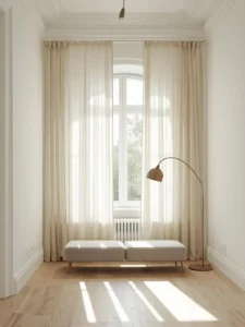 A small apartment living room with floor-to-ceiling ivory linen curtains