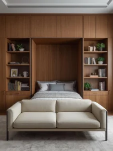 A sophisticated studio apartment living-bedroom