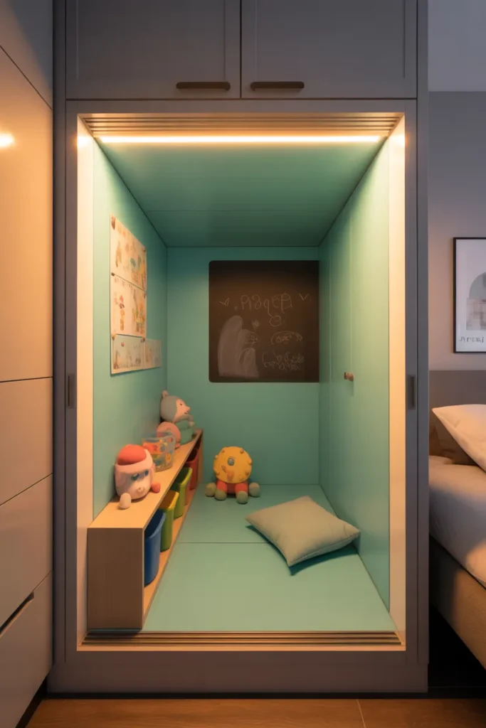 A standard bedroom closet converted into a kids play nook
