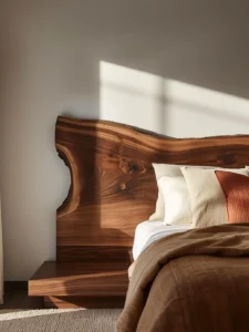 A striking bedroom centered on a live edge bed frame