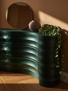 A striking bedroom dresser shot from a diagonal angle