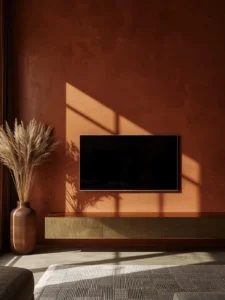 A striking living room focal wall in deep warm terracotta limewash plaster