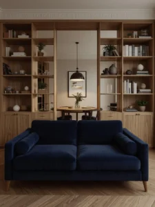 A studio apartment with a low open natural oak bookcase
