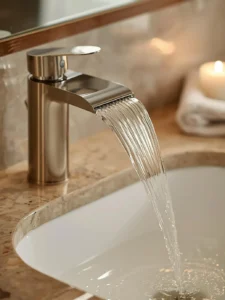 A stunning brushed nickel waterfall bathroom faucet