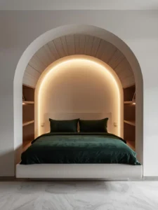 A stunning built-in arched bed nook set into a thick white plaster wall