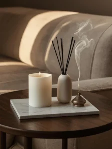 A styled living room vignette