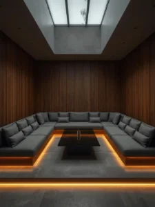 A sunken conversation pit with deep slate-grey built-in cushions