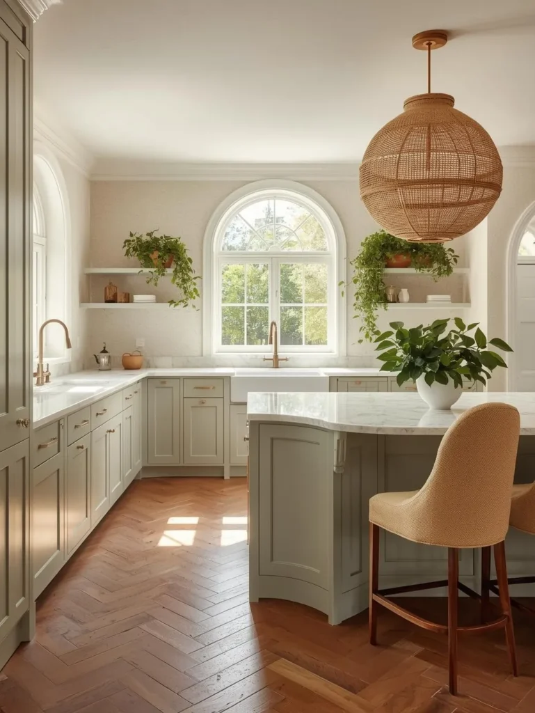 A sunlit kitchen with soft sage-green curved cabinetry