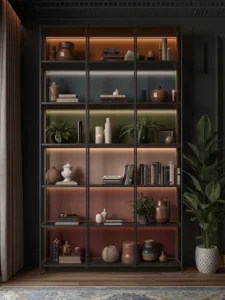 A tall five-tier open shelving unit