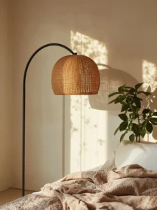 A tall matte black arched floor lamp