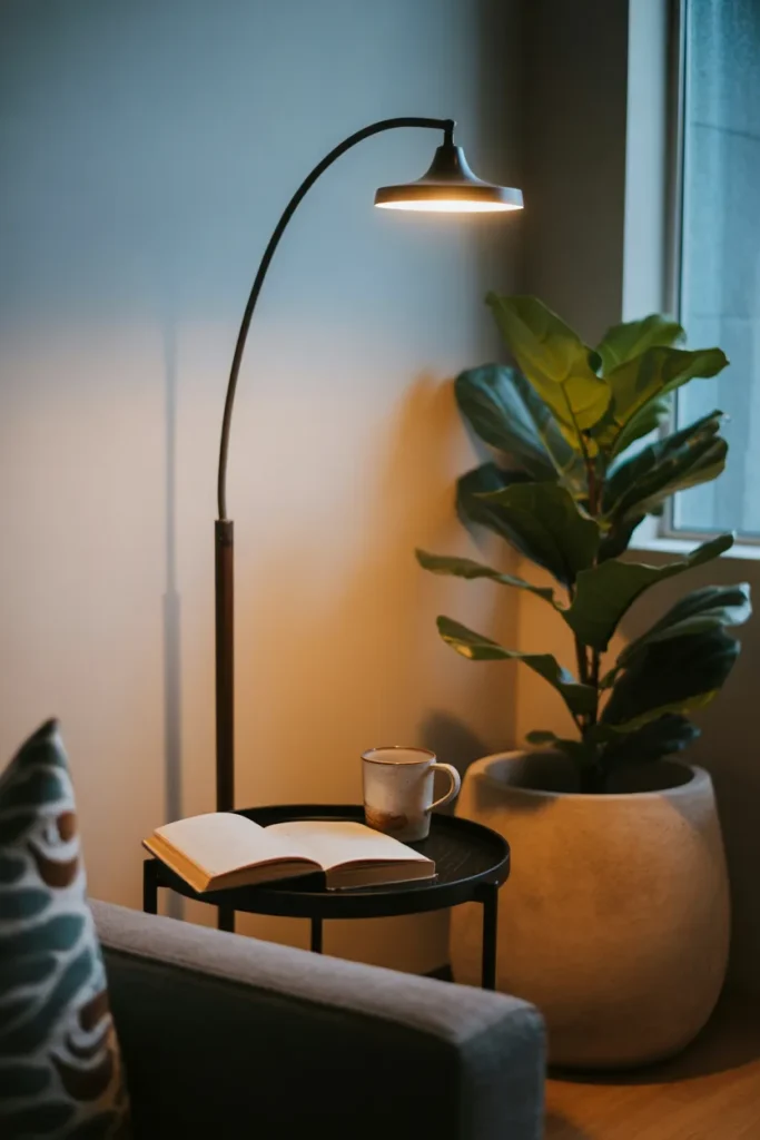 A tall slim black arc floor lamp curves over a small round side table with a ceramic mug and one open book