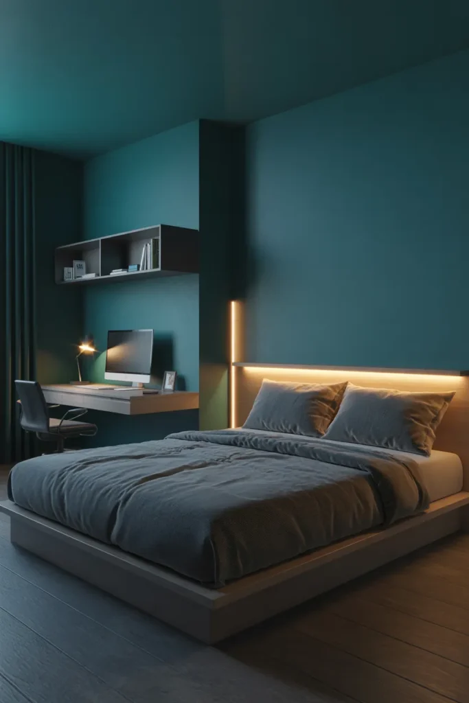 A teen bedroom designed to feel like a studio. Deep teal walls