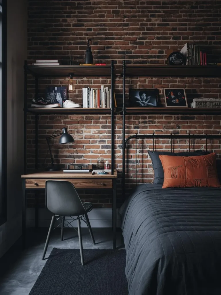 A teenage boy's room with faux exposed brick