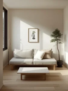 A tiny apartment living room styled in pure Japandi minimalism.