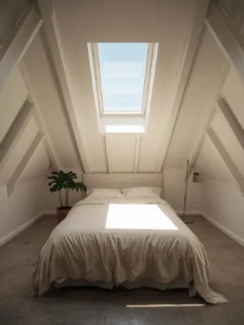 A tiny attic bedroom with a single large frameless skylight centered in a sloped ceiling