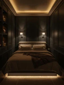 A tiny bedroom at night demonstrating four distinct lighting zones