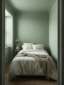 A tiny bedroom decorated entirely in a monochromatic palette of dusty sage green