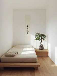 A tiny bedroom styled in pure Japandi minimalism