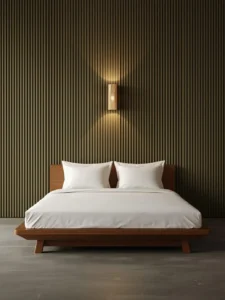 A tiny bedroom with a floor-to-ceiling fluted oak reeded panel