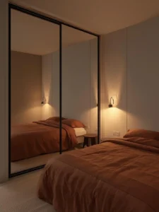 A tiny bedroom with a seamless floor-to-ceiling mirrored