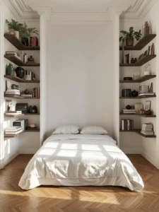 A tiny bedroom with the bed pushed into a corner