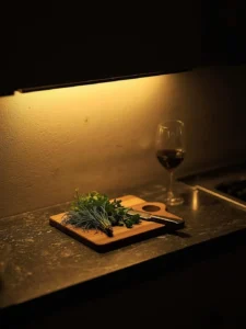 A tiny kitchen at dusk