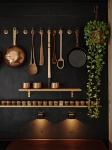 A tiny kitchen with a full-wall matte black pegboard