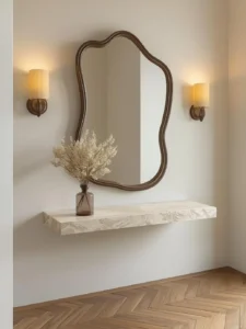 A wall-mounted floating travertine console