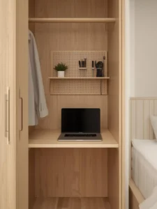 A wardrobe door opened to reveal a fold-down desk surface in light birch plywood
