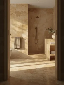 A warm, beautifully lit bathroom