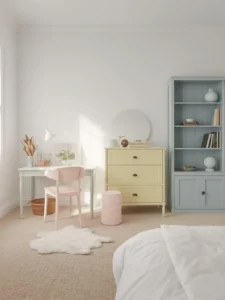 A white-walled bedroom featuring color-blocked pastel furniture