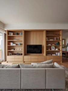 A wide-angle shot of an open-plan living space