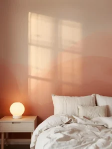 A wide bedroom wall photographed at magic hour