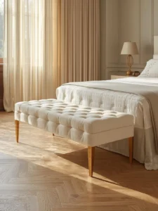 A wide boucle upholstered bedroom bench