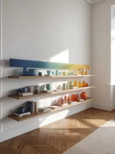 A wide floating shelf in a sun-drenched Scandinavian living room