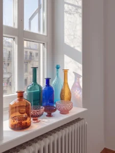 A window-adjacent shelf in a bright apartment