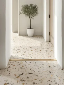 An entryway floor in poured terrazzo