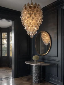 An entryway with an oversized sculptural blown-glass cluster
