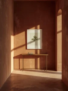 An entryway with floor-to-ceiling dusty terracotta limewash walls