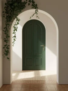 An interior entryway with a tall, smooth white plaster arched door