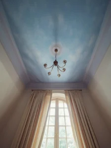 An upward-angle shot inside a bedroom