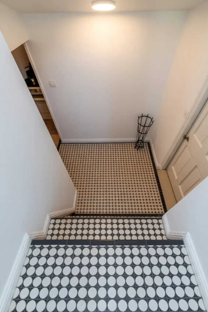 Bold black and white encaustic geometric tile floor