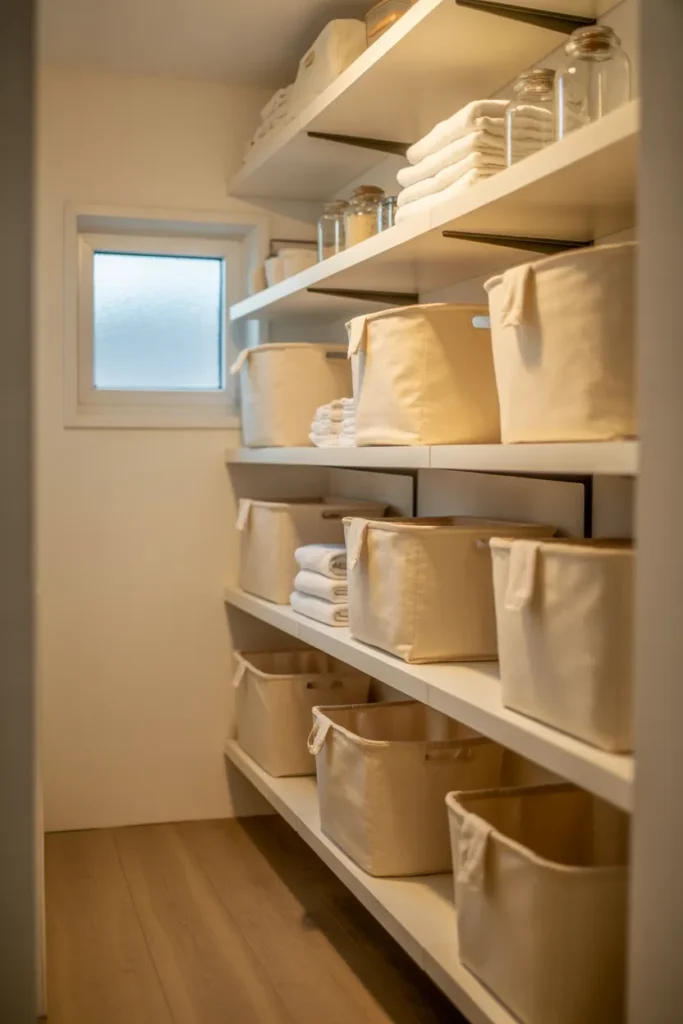 Bright laundry room with floor-to-ceiling white floating shelves