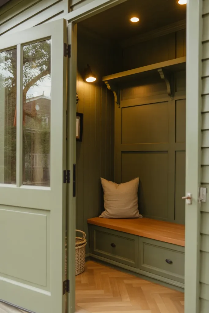 Built-in wooden bench with lift-top storage