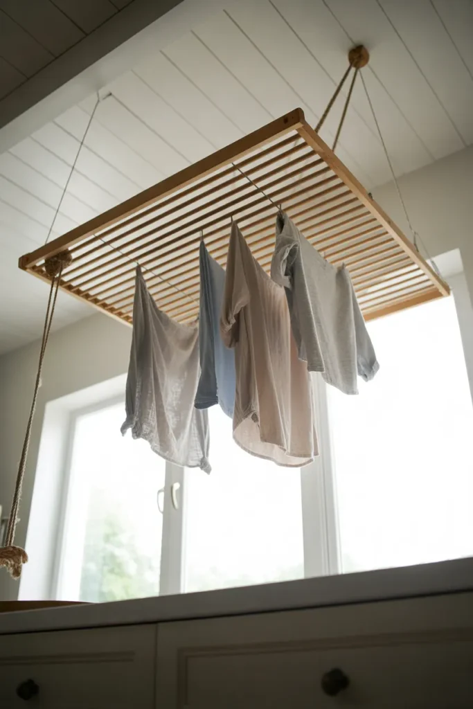 Ceiling-mounted wood slat drying rack in the lowered position hanging over a white countertop by a window