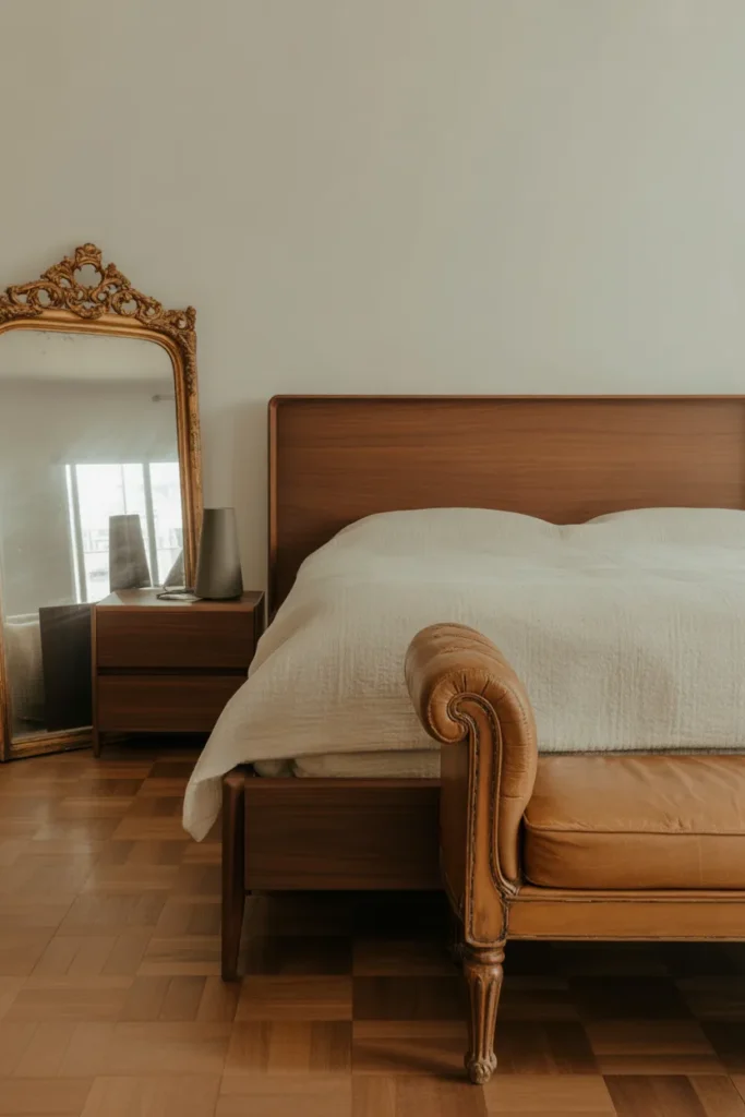 Clean-lined dark walnut bed frame, modern proportions