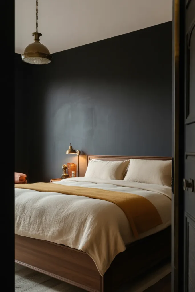 Deep charcoal walls with subtle sheen. Cream linen duvet with caramel throw across foot of bed